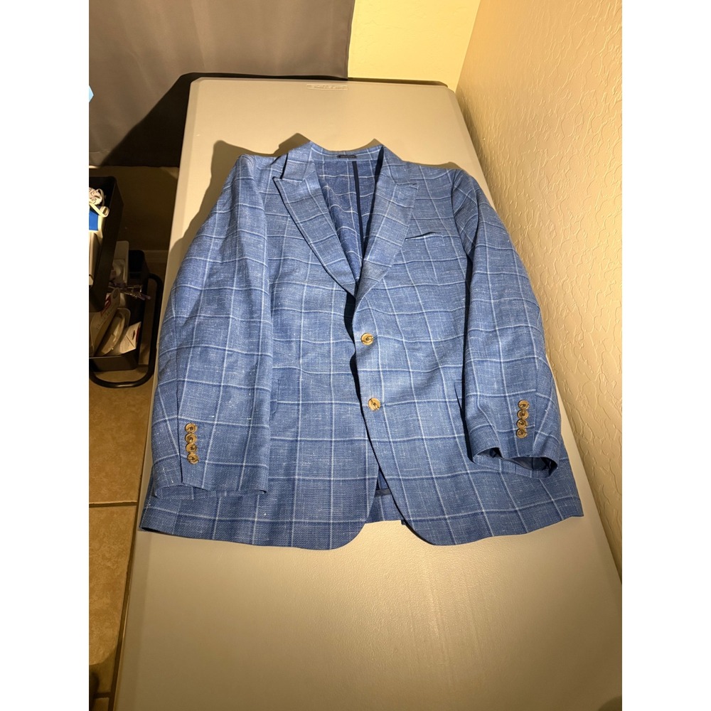 Stafford Mens 46S Blue Windowpane Linen Blend Classic Fit Season Textures Blazer